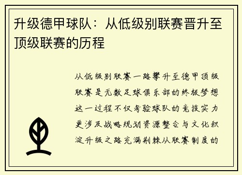 升级德甲球队：从低级别联赛晋升至顶级联赛的历程